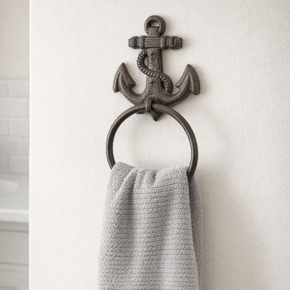 Anchor Towel Ring Hanger Cast Iron Rustic Nautical Beach Decor Brown