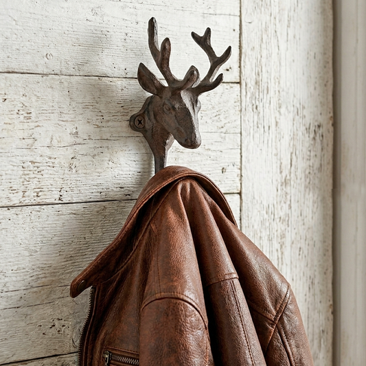 Rustic Cast Iron Deer Buck Wall Hook Key Towel Coat Hanger Antique Style Brown