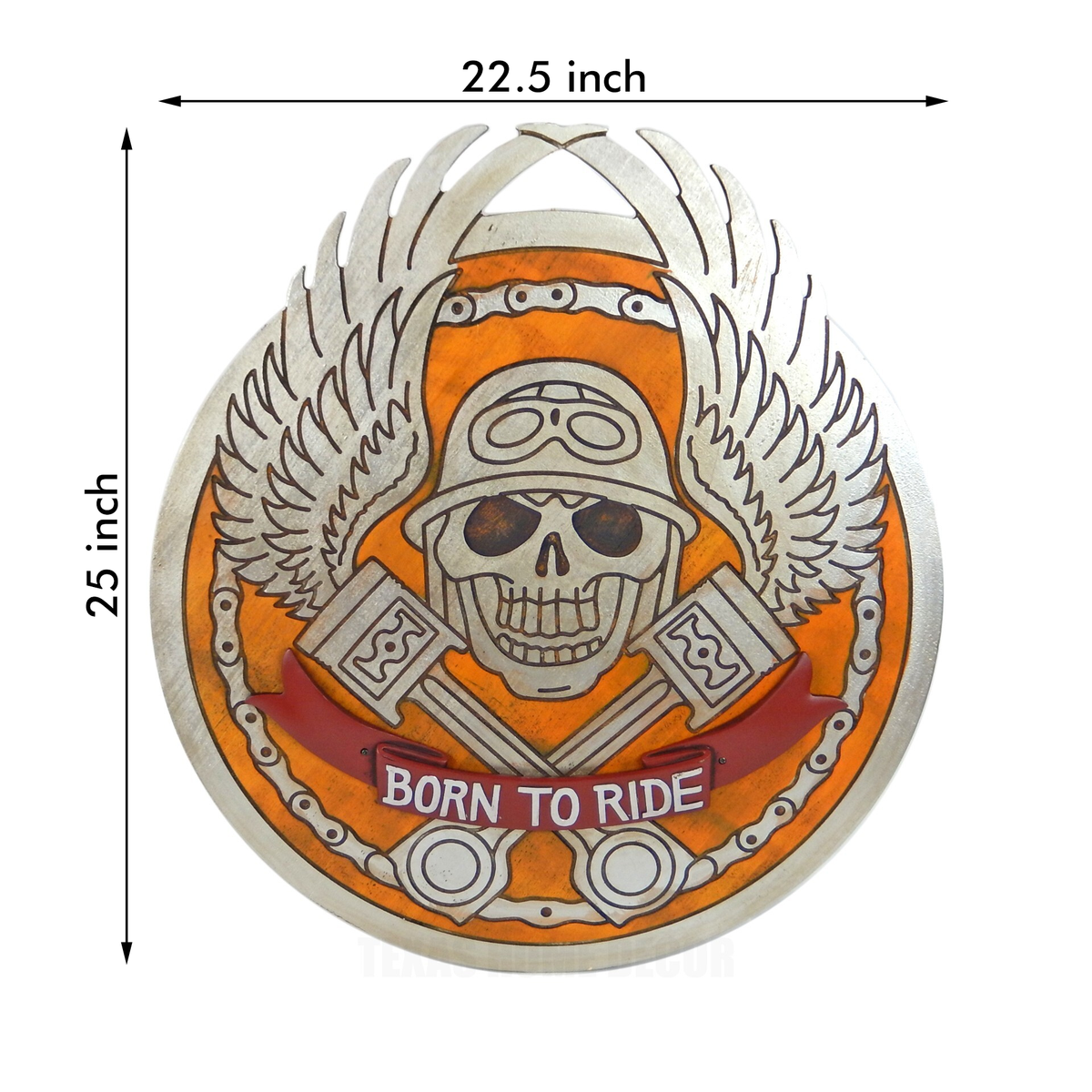 Large Wooden Biker Skull Wall Decor  Born To Ride Wings Pistons Motorcycle 25"