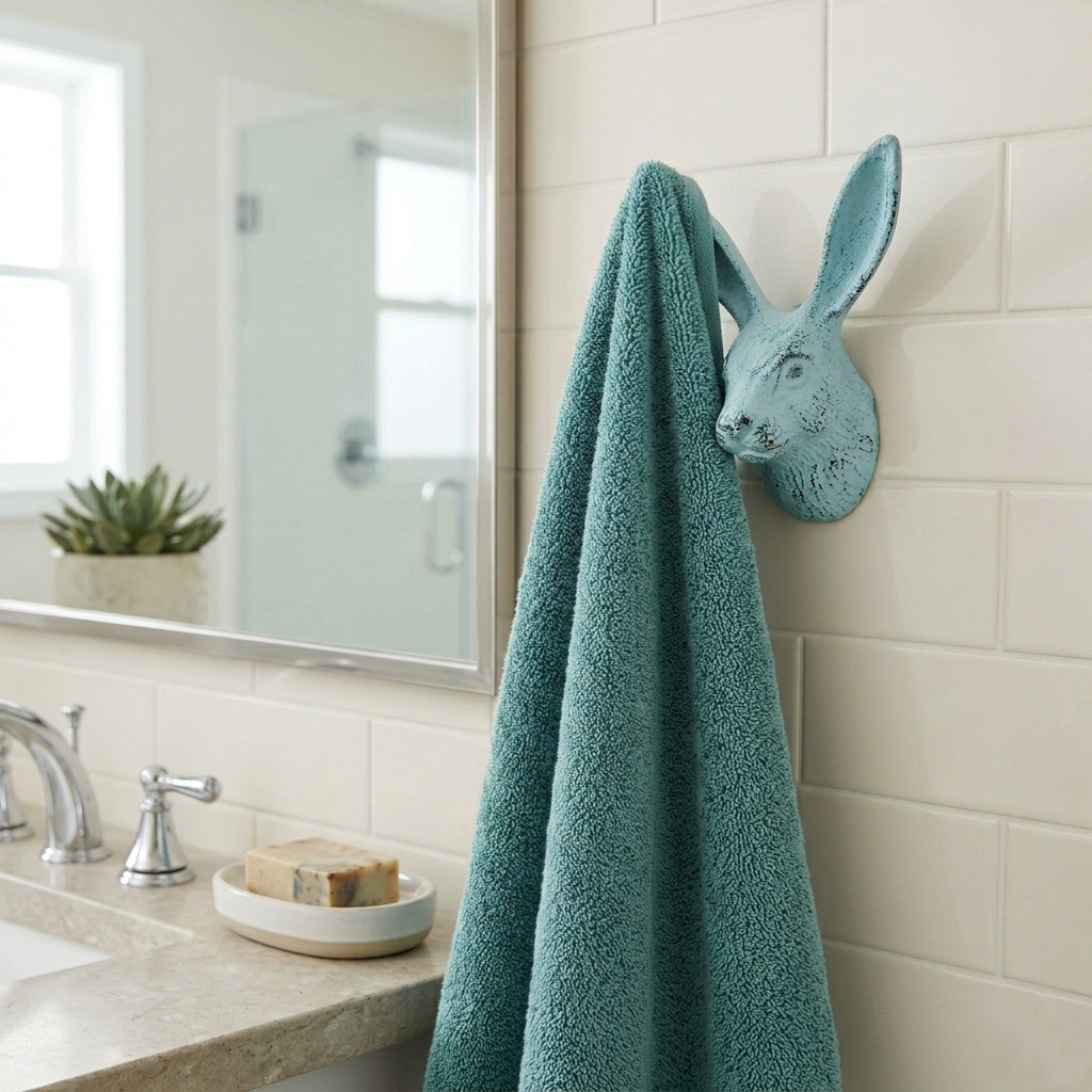 Cast Iron Bunny Rabbit Ears Wall Hook Coat Towel Hanger Rustic Blue Finish