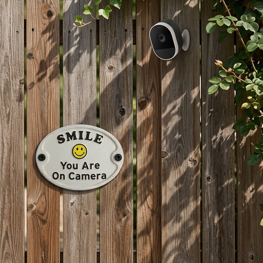 Cast Iron Smile You Are On Camera Sign Security Video Surveillance Plaque 4 3/4"