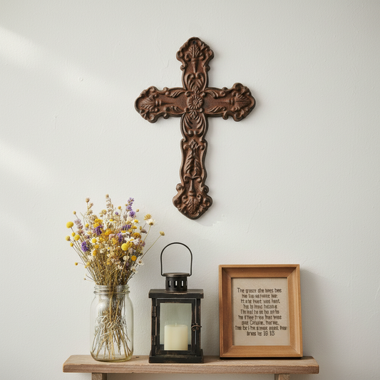 Cast Iron Fleur De Lis Floral Cross Wall Decor Rustic Antique Style Brown 10 in