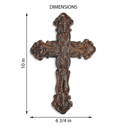 Cast Iron Fleur De Lis Floral Cross Wall Decor Rustic Antique Style Brown 10 in