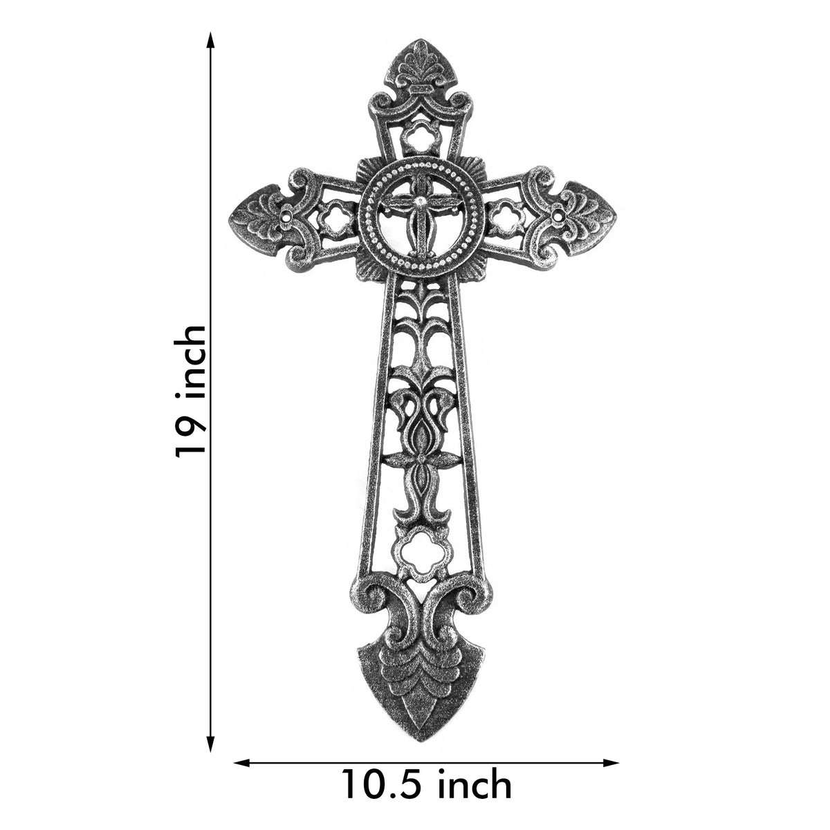 Large Cast Iron Wall Cross Fleur De Lis Gothic Scrollwork Accents Antique Silver
