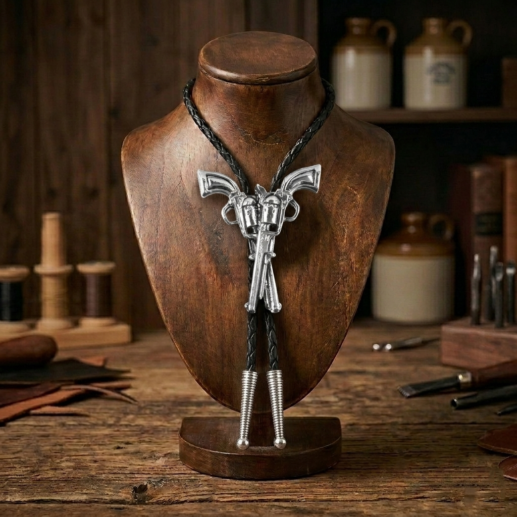Crossed Guns Bolo Tie Western Pistols Silver Tone 36" Braided Faux Leather Cord
