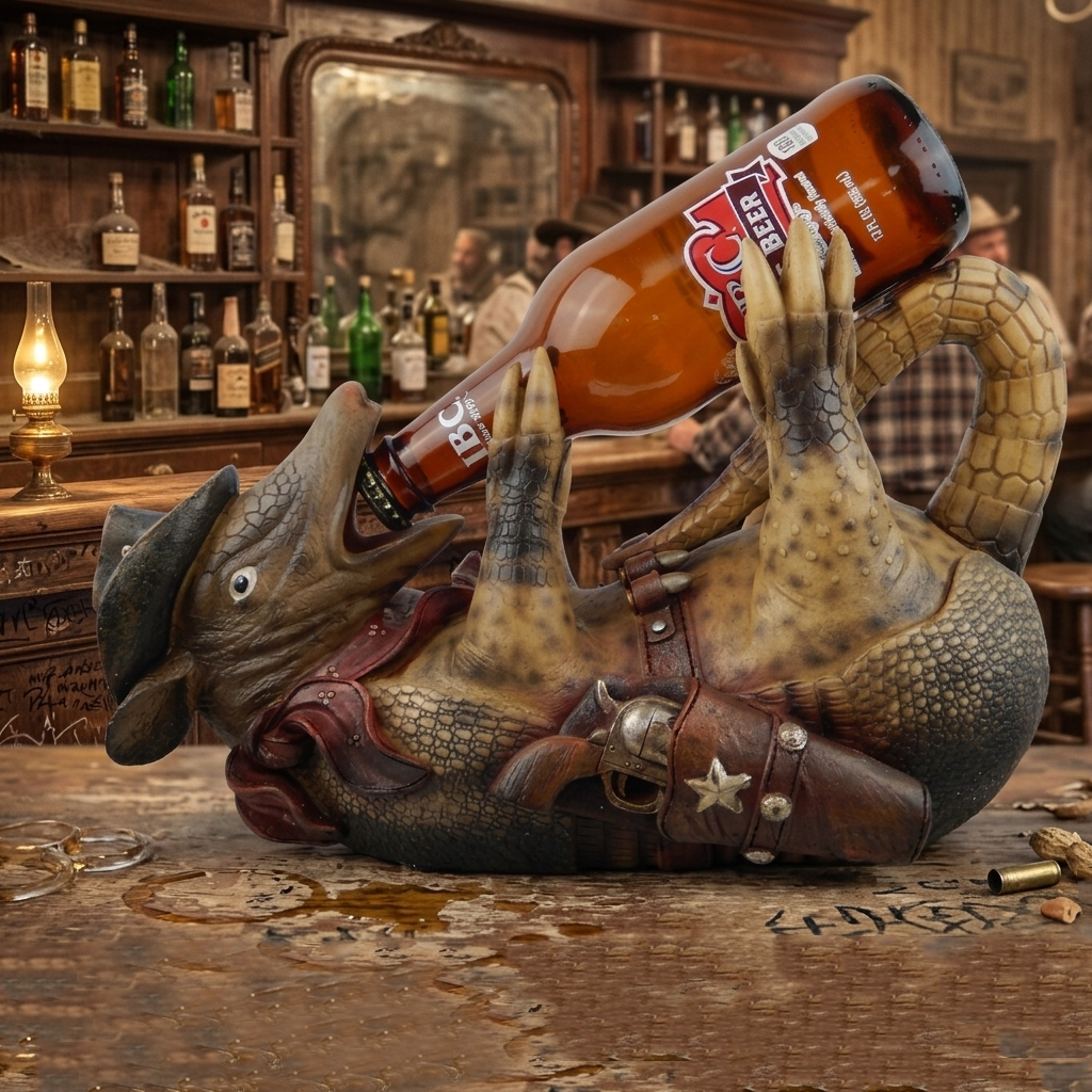 Drunk Cowboy Armadillo Sheriff Beer Wine Bottle Holder Rustic Western Decor 12"