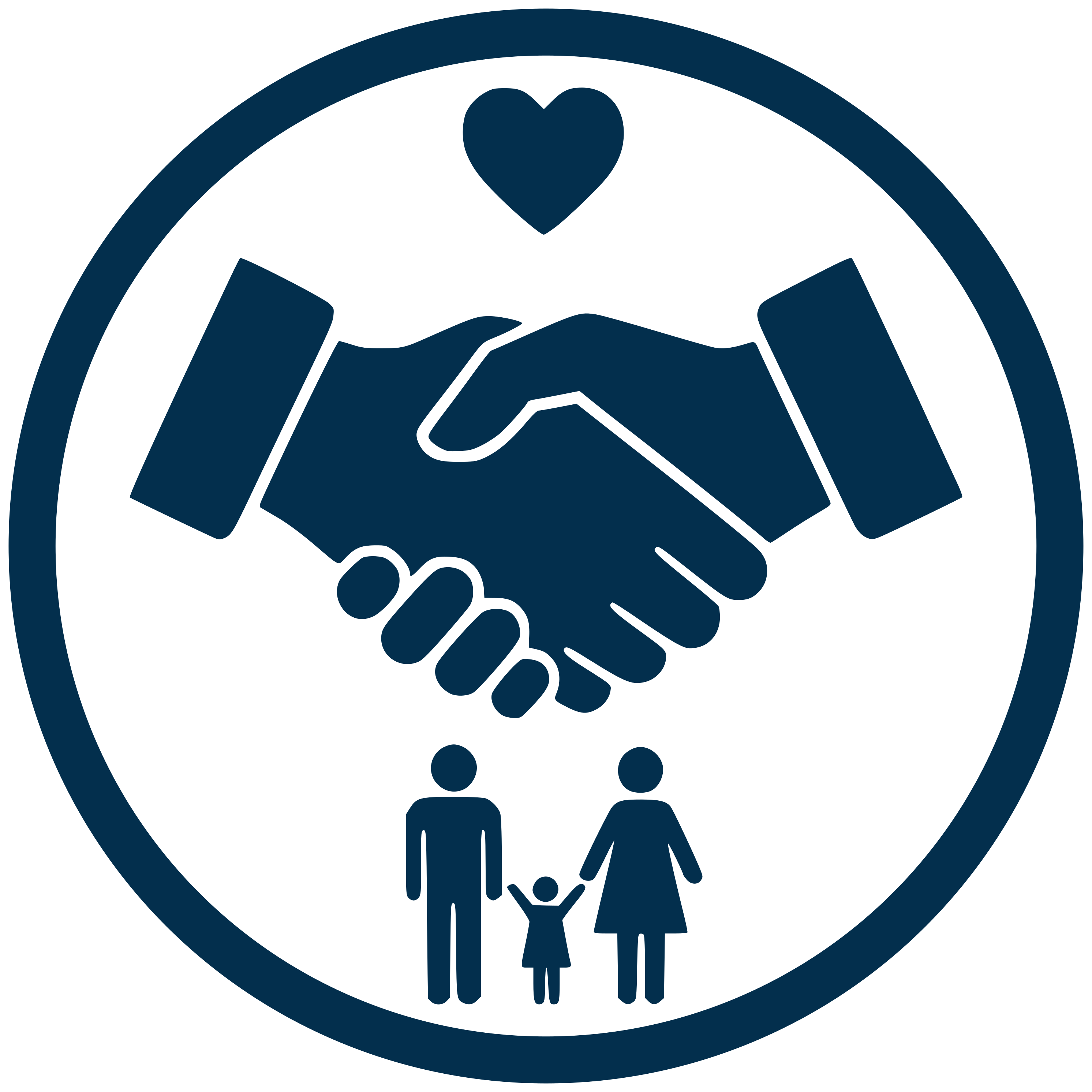 A dark navy blue circular icon featuring a handshake between two arms, a heart above, and a family of four below, on a white background.