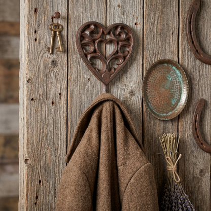 Cast Iron Heart Scrolls Wall Hook Key Towel Coat Hanger Antique Brown 7 inch