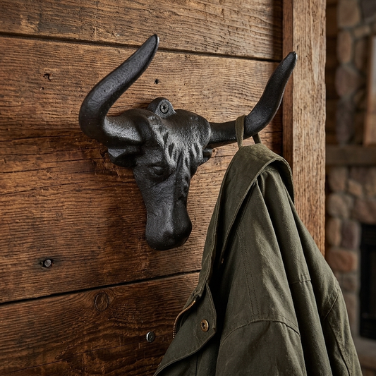 Cast Iron Bull Longhorn Skull Double Wall Hook Western Coat Key Towel Hanger 5"