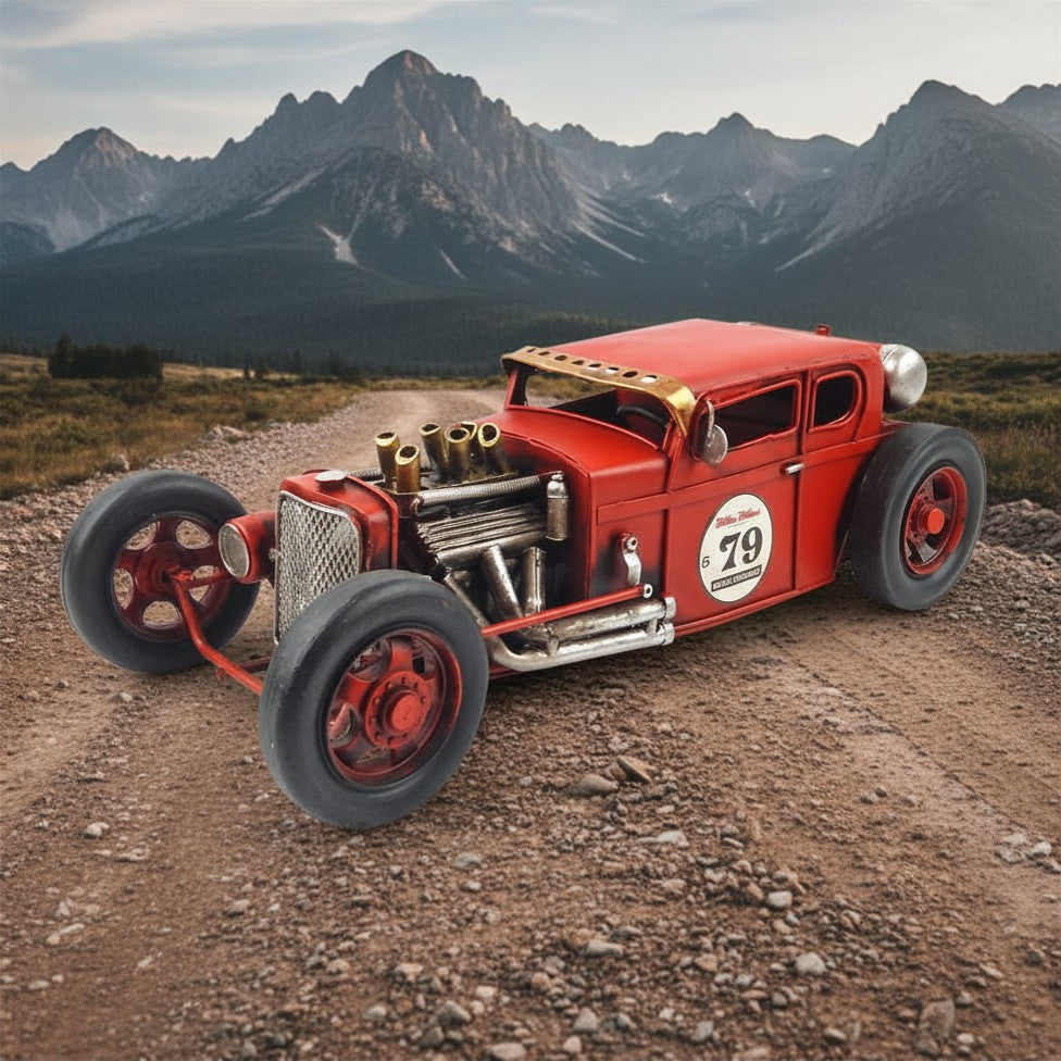 Tin Metal Red Hot Rod Racing Car Figurine Garage Office Shelf Sitter 12 1/2 inch