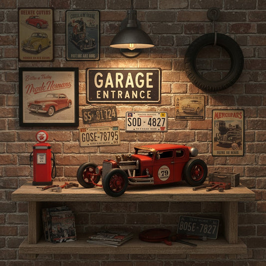 Tin Metal Red Hot Rod Racing Car Figurine Garage Office Shelf Sitter 12 1/2 inch