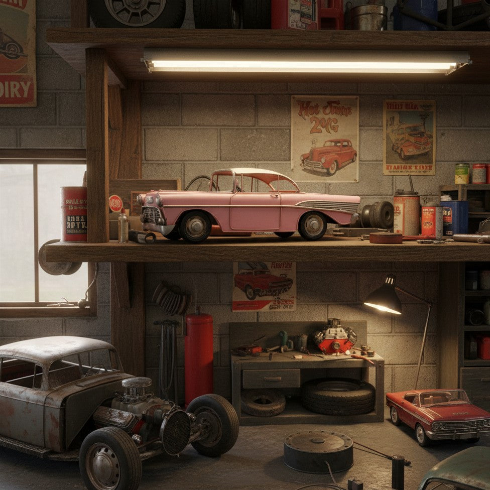 Tin Metal Pink Classic Car Figurine Garage Office Dealer Shelf Sitter 11 inch