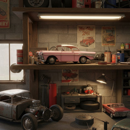 Tin Metal Pink Classic Car Figurine Garage Office Dealer Shelf Sitter 11 inch