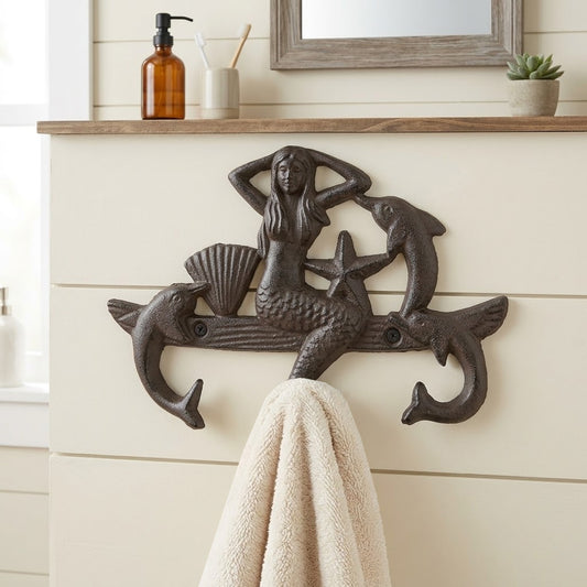 Mermaid Dolphins Hook Towel Rack Coat Hanger Cast Iron Starfish Nautical Decor