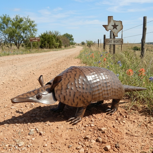 22" Long Metal Armadillo Figurine Yard Art Sculpture Springy Tail Texas Rustic