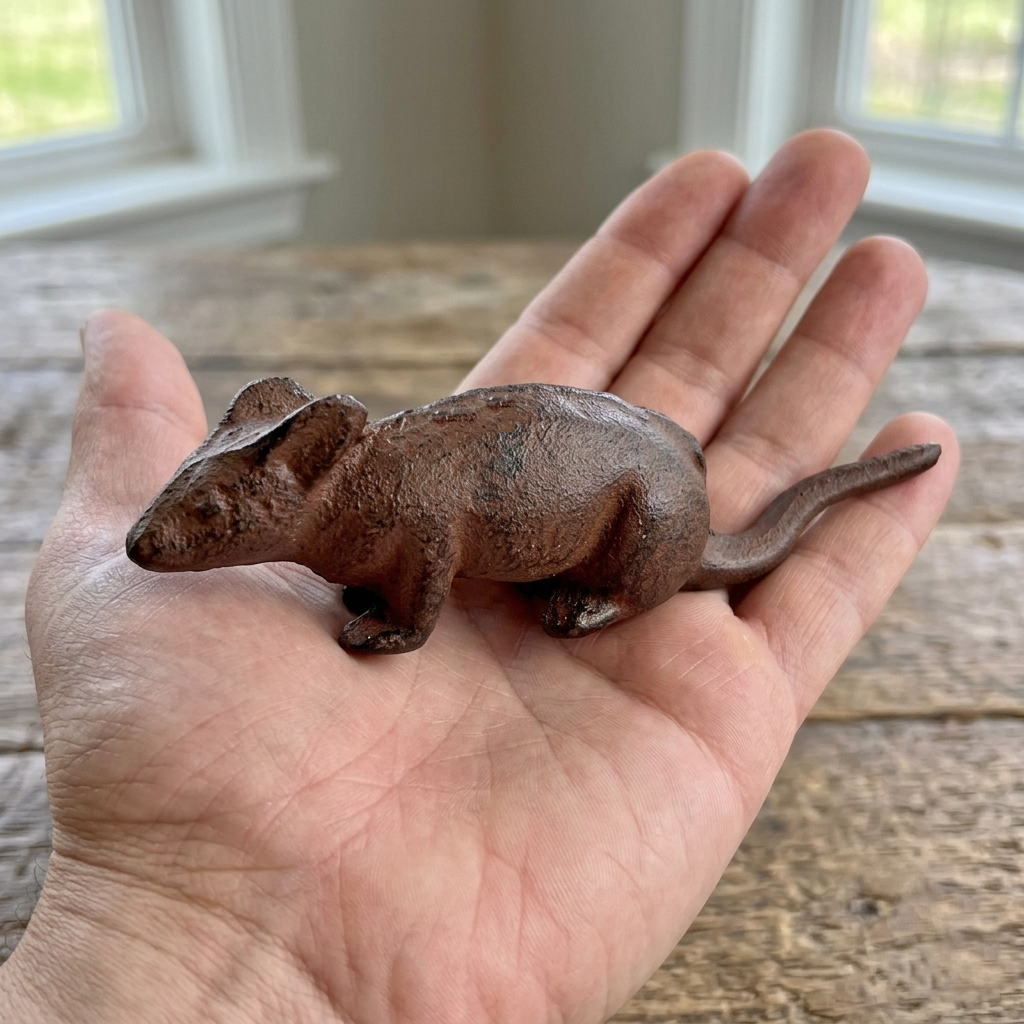 Little Mouse Figurine Statue Cast Iron Rustic Brown Finish Paper Weight 5" Long