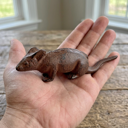 Little Mouse Figurine Statue Cast Iron Rustic Brown Finish Paper Weight 5" Long