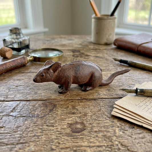 Little Mouse Figurine Statue Cast Iron Rustic Brown Finish Paper Weight 5" Long