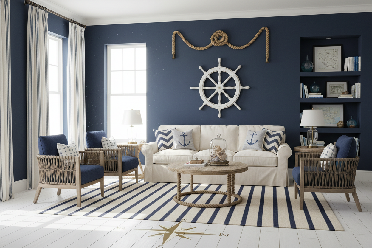 nautical inspired room with this color wall #192F42 with white helm on the wall