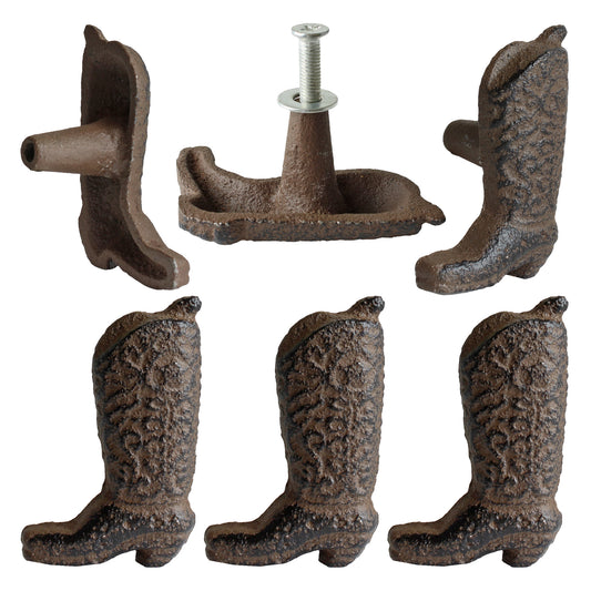 Cast Iron Boots Cabinet Drawer Knob Pulls With Screws Rustic Brown (Pack of 6)