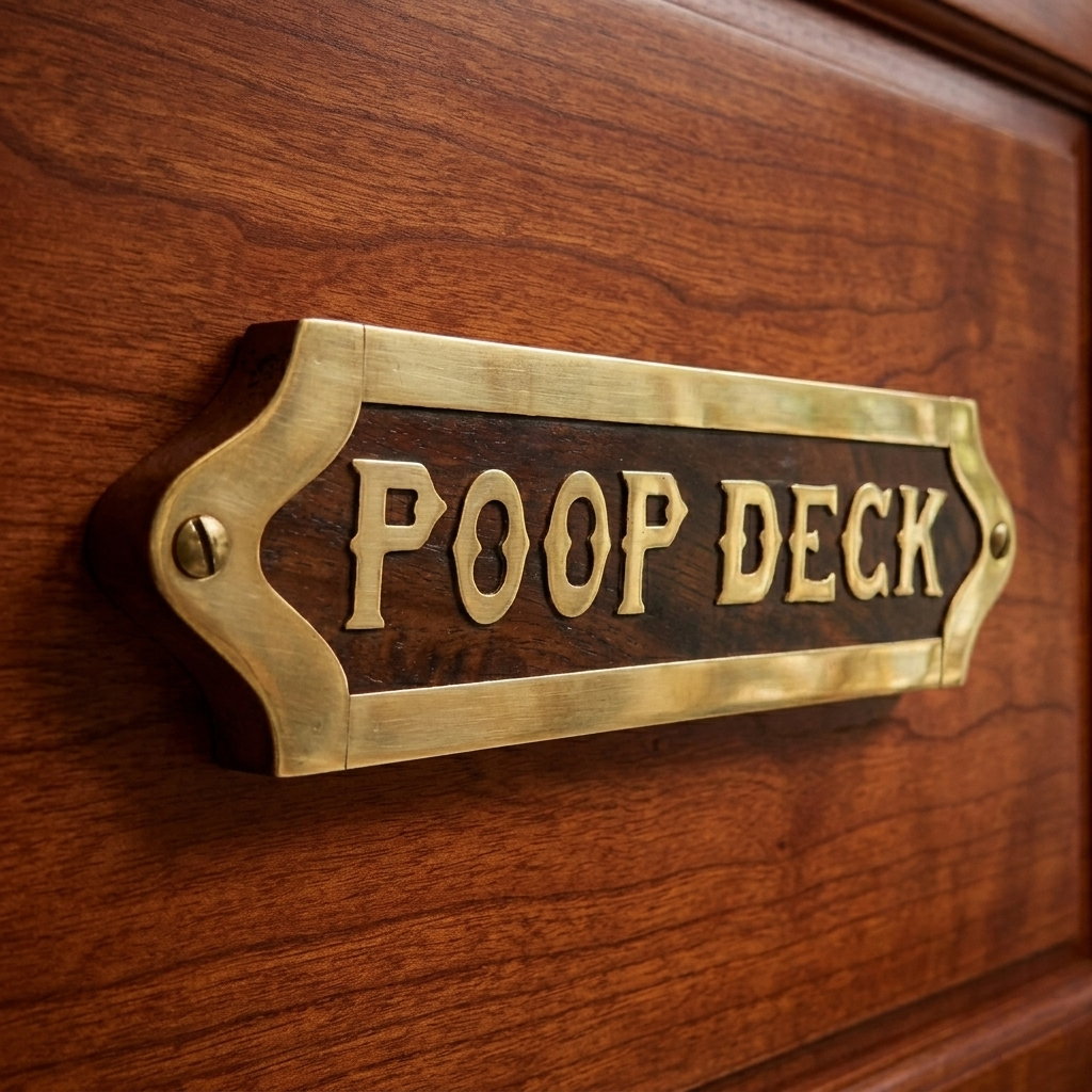 Wooden Poop Deck Wall Plaque Sign Brass Plated Outline Ship Nautical Decor 8 in