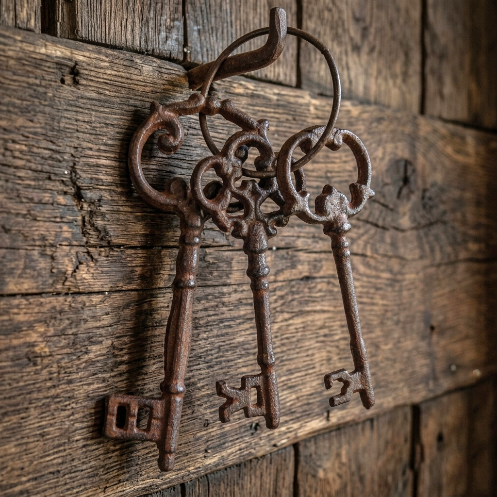 Large Cast Iron Skeleton Jail 3 Keys On Ring Rustic Western Decor Antique Brown