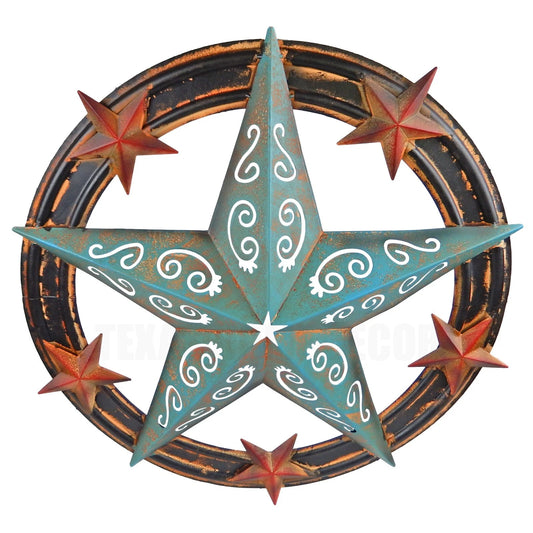 Large Metal Barn Star Wall Decor Filigree Turquoise Red Rust Accents 25 inch