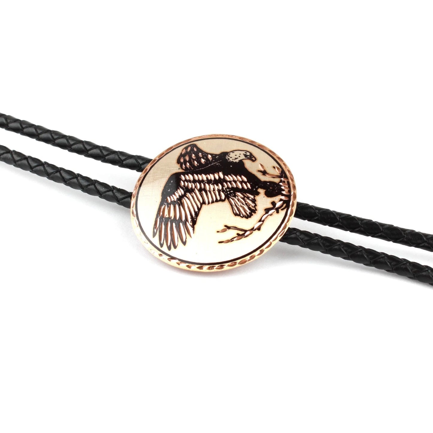 Round American Eagle Nest Copper Bolo Tie 40 inch Black Cord Made in USA