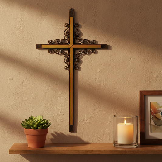 Simple Layered Metal Wall Cross Golden Finish Brushed Copper Curly Ornate Design