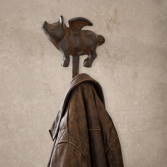 Flying Pig With Wings Wall Hook Cast Iron Key Towel Coat Hanger Rustic Brown