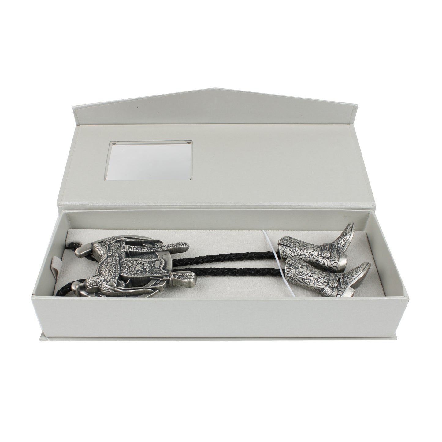 Silver Plated Horseshoe Saddle Boot Tips Bolo Tie 38 inch Leather Cord Western