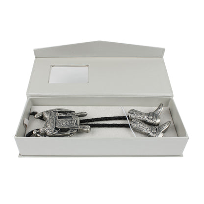Silver Plated Horseshoe Saddle Boot Tips Bolo Tie 38 inch Leather Cord Western