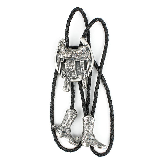 Silver Plated Horseshoe Saddle Boot Tips Bolo Tie 38 inch Leather Cord Western