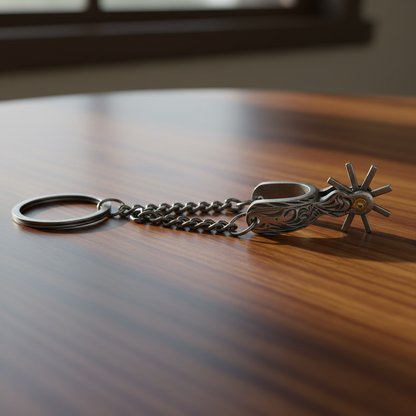 Metal Western Cowboy Spur Keychain Keyring Antique Silver Finish 4 3/4 inch Long