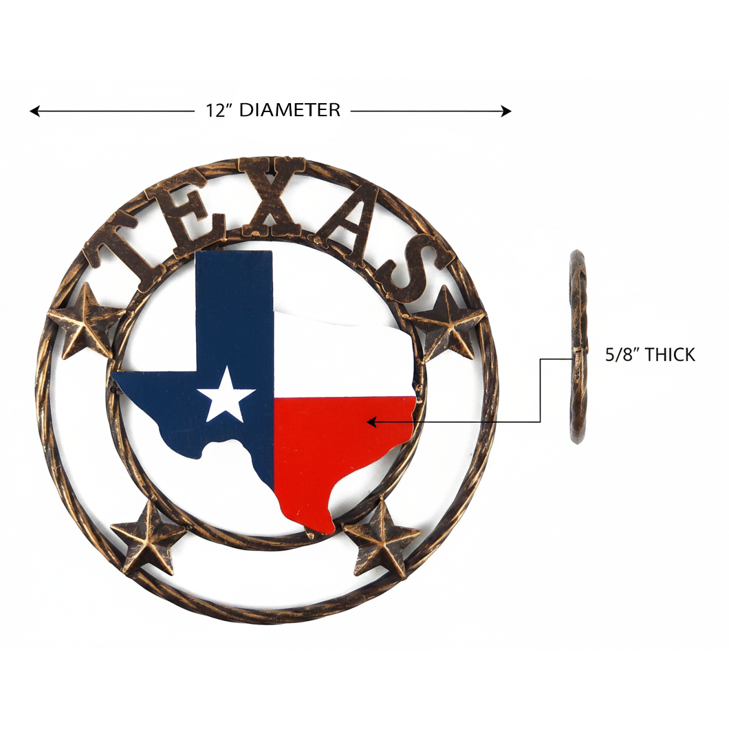 Metal Texas Map Flag Wall Star With Stars Ring Brushed Copper Finish 12 inch