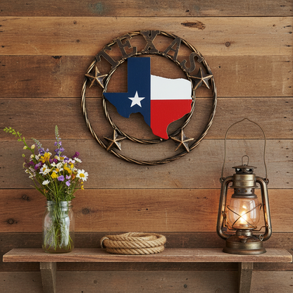 Metal Texas Map Flag Wall Star With Stars Ring Brushed Copper Finish 12 inch