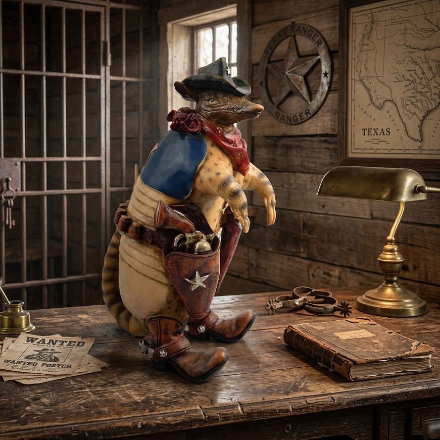 Cowboy Armadillo Sheriff Figurine Statue Texas Flag Hand Painted 10.5" Tall