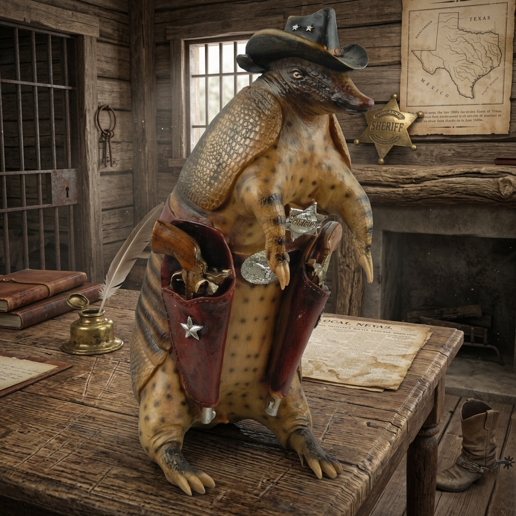 Large Armadillo Statue Texas Cowboy Sheriff Piggy Bank Rustic Western 15.5" Tall