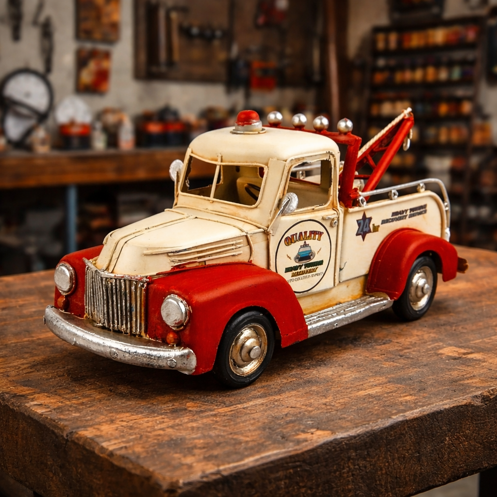 Tin Metal Classic Vintage Tow Truck Car Figurine Garage Office