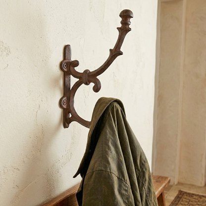 Cast Iron Fancy Vines Double Wall Hook Coat Towel Hanger Rustic Brown