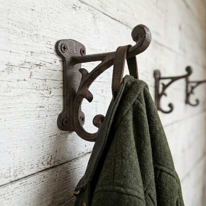 4 Cast Iron Rustic Vines Double Wall Hook Key Towel Coat Purse Door Hanger Brown