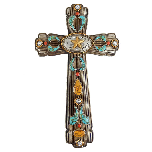 Western Southwestern Wall Cross Faux Turquoise Coral Rhinestones Texas Star 18"
