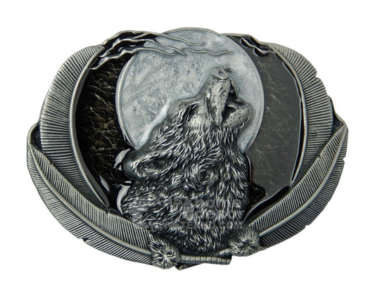 Men's Howling Wolf Belt Buckle Full Moon Antique Silver Tone Fits 1.5" Belt