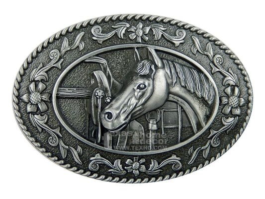 Women's Western Horse Head Belt Buckle Floral Antique Silver Tone Fits 1.5" Belt