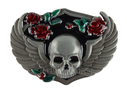 Women's Biker Skull Wings Rose Belt Buckle Antique Silver Tone Fits 1.5" Belt