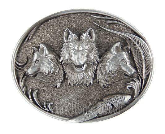 Men's Wolf Pack Belt Buckle Antique Silver Tone Fits 1.5" Belt Oval