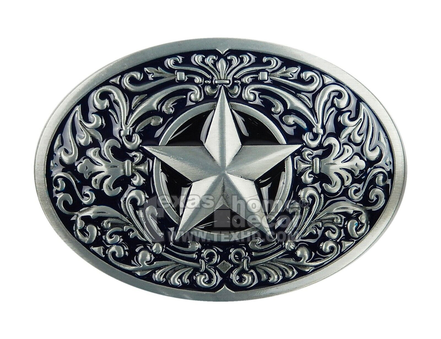 Western Star Belt Buckle Floral Antique Silver Tone Dark Blue Fits 1.5" Belt