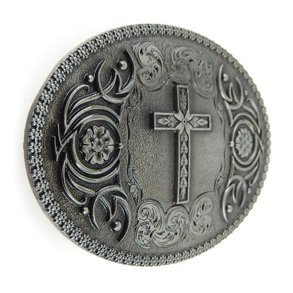 Women's Western Oval Floral Cross Belt Buckle Antique Silver Fits 1.5" Belts