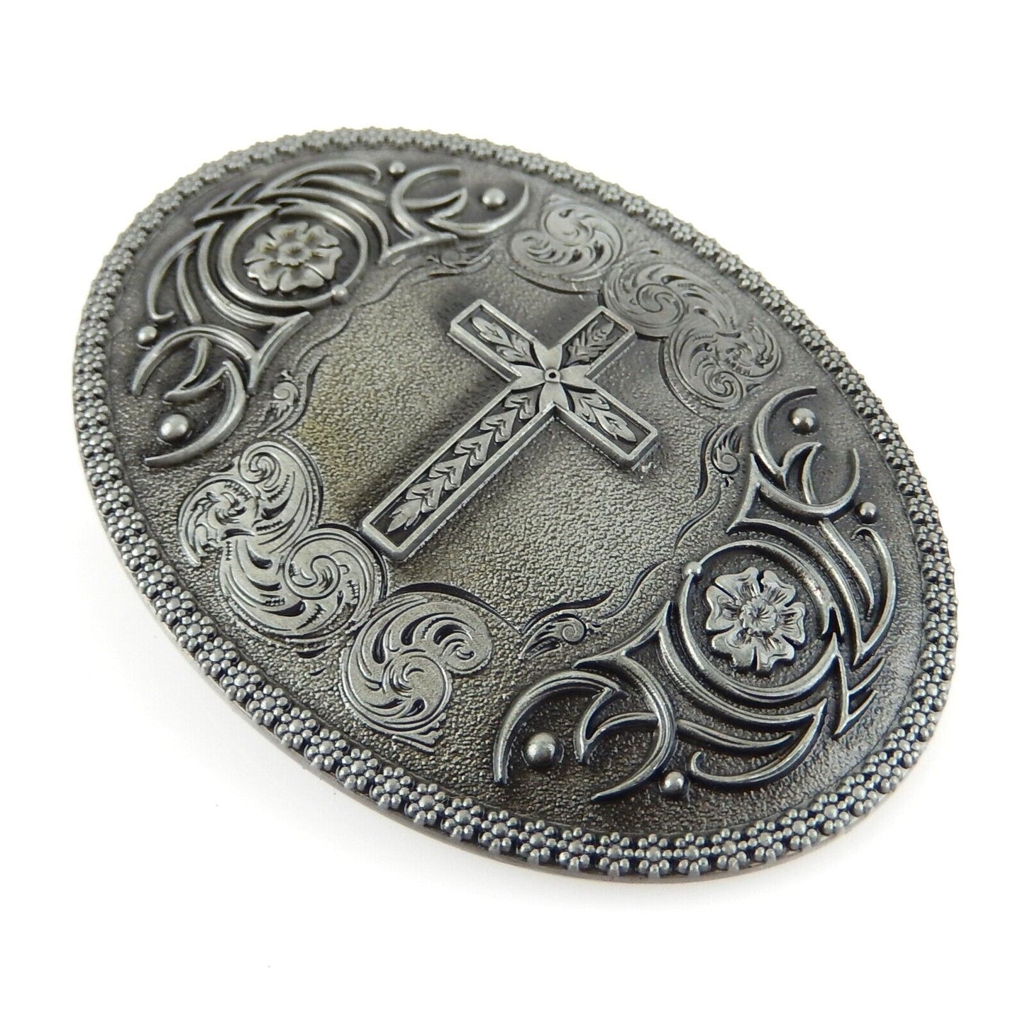 Women's Western Oval Floral Cross Belt Buckle Antique Silver Fits 1.5" Belts