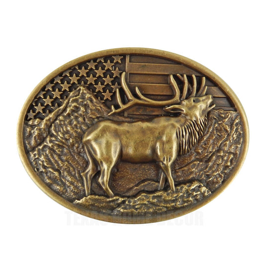 Elk Deer American Flag Belt Buckle USA Hunter Antique Bronze Fits 1.5" Belts